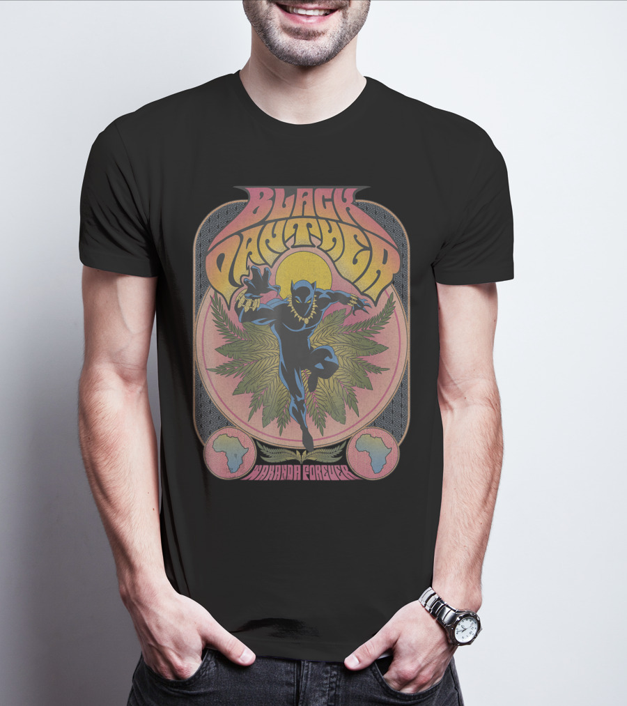 Black Panther Wakanda Forever 70's Style Psychedelic Vibrant T-Shirt
