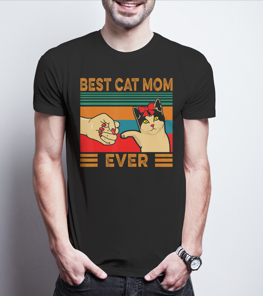 Best Cat Mom Ever Vintage Retro Cat Fist Bump T-Shirt