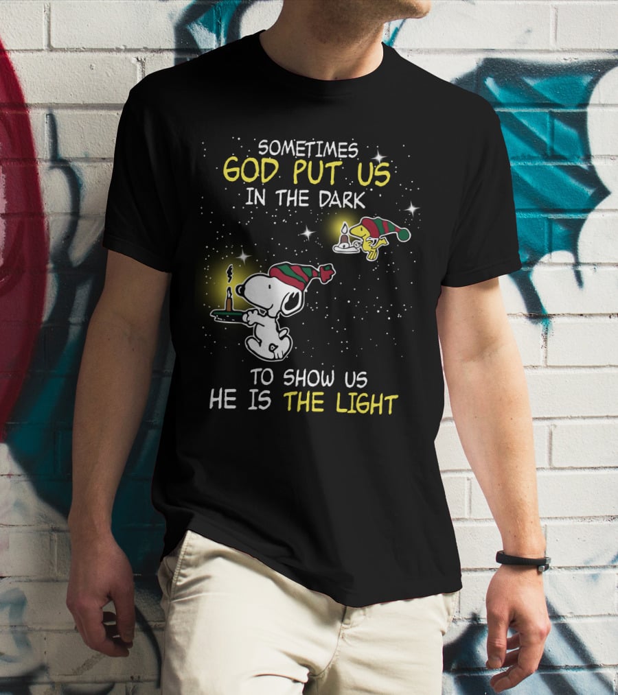 Sometimes God Put Us In The Dark He Is The Light Snoopy And Woodstock Candles T-Shirt