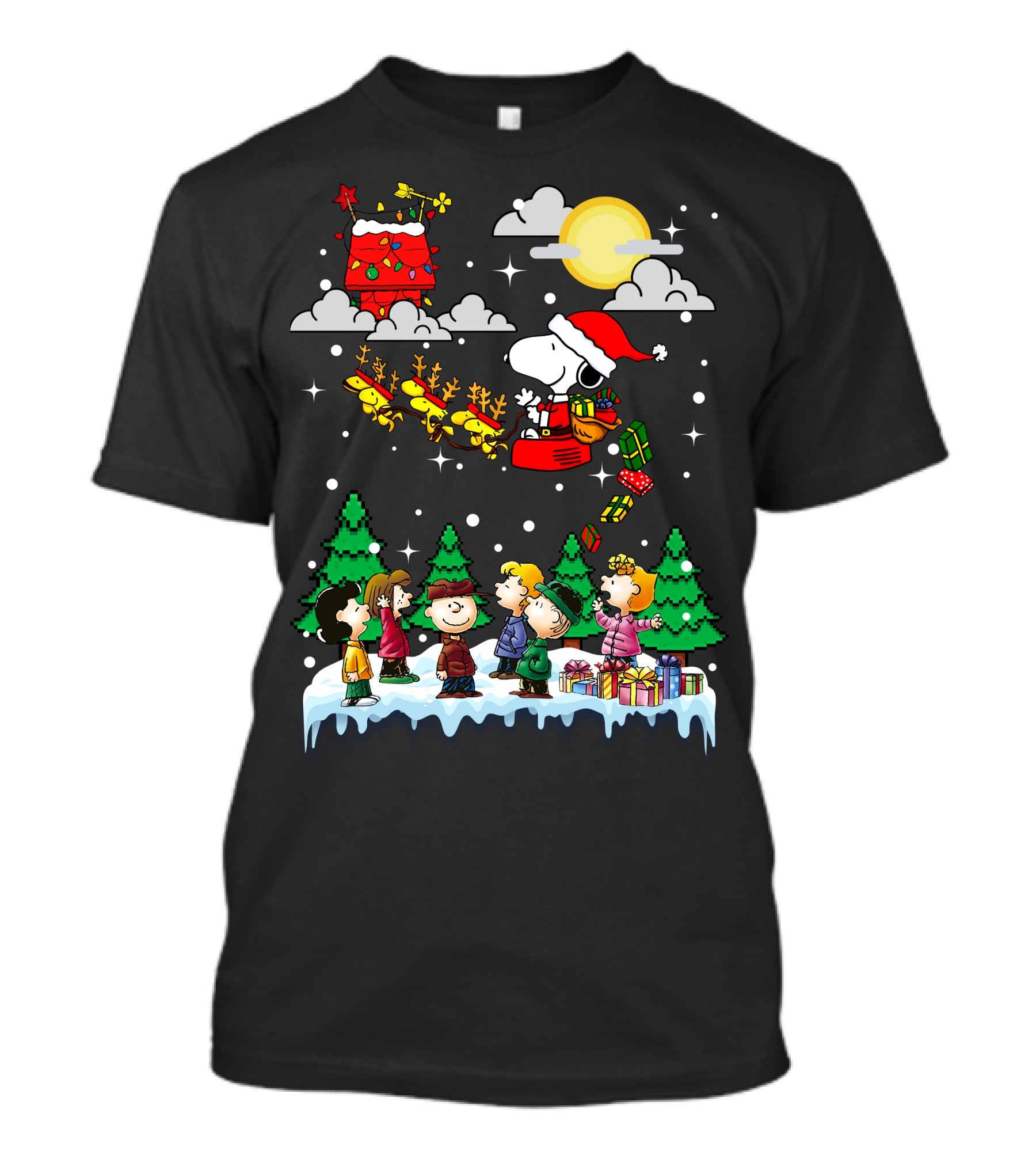 Peanuts Christmas Charlie Brown Snoopy Santa Sleigh Woodstock Scene T-Shirt