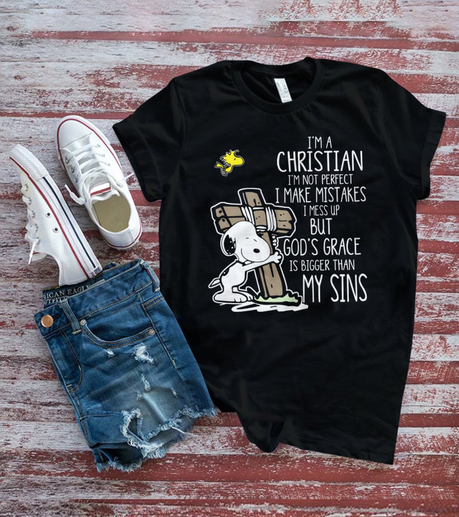 I'm A Christian God's Grace Bigger Than My Sins Snoopy Hugging Cross T-Shirt