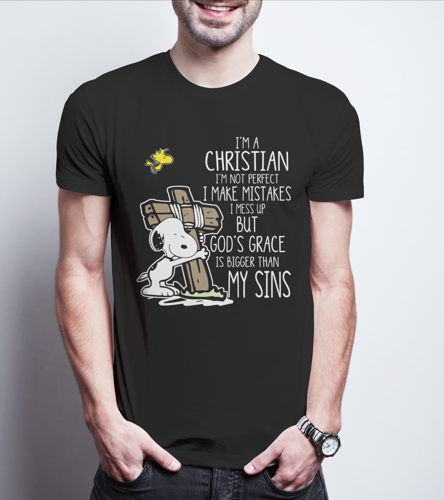 I'm A Christian God's Grace Bigger Than My Sins Snoopy Hugging Cross T-Shirt