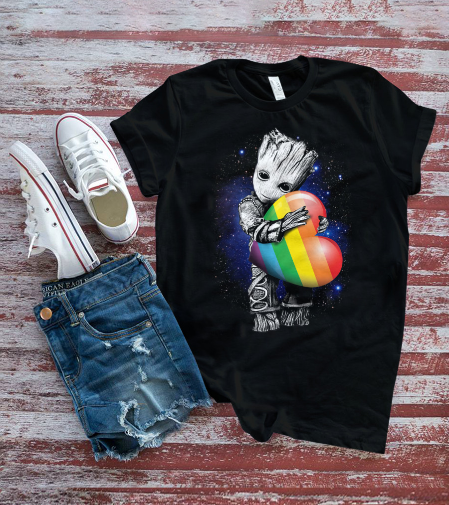 Only Today Groot Hugging Rainbow Heart In Galactic Space Theme T-Shirt