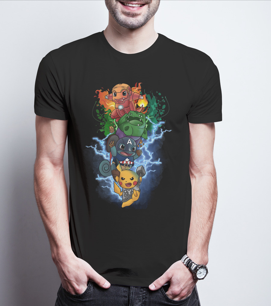 Pikachu Squirtle Charmander Bulbasaur Superhero Mashup T-Shirt
