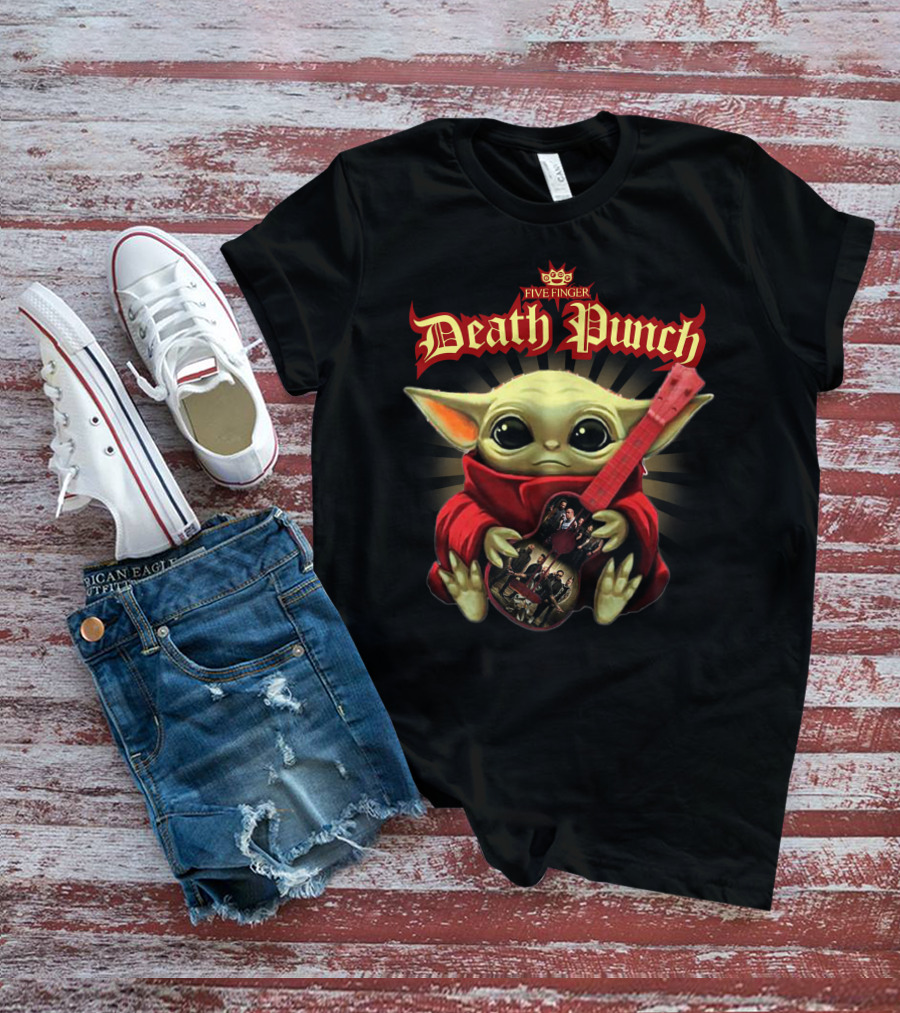 Five Finger Death Punch Baby Yoda Holding Red Guitar T-Shirt