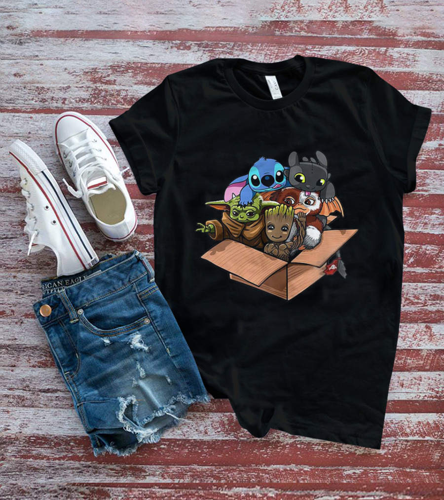 Baby Characters In Box Yoda Groot Stitch Toothless Gizmo T-Shirt