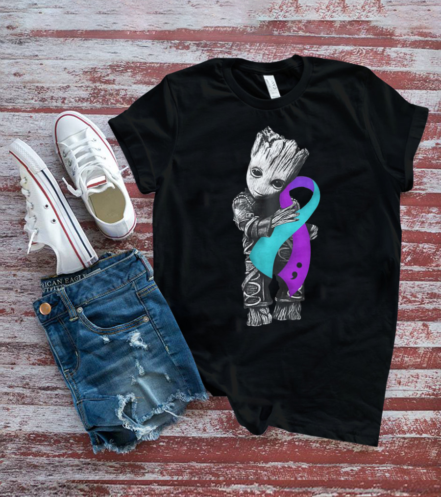 Groot Hugging Semicolon Suicide Prevention Awareness Ribbon T-Shirt