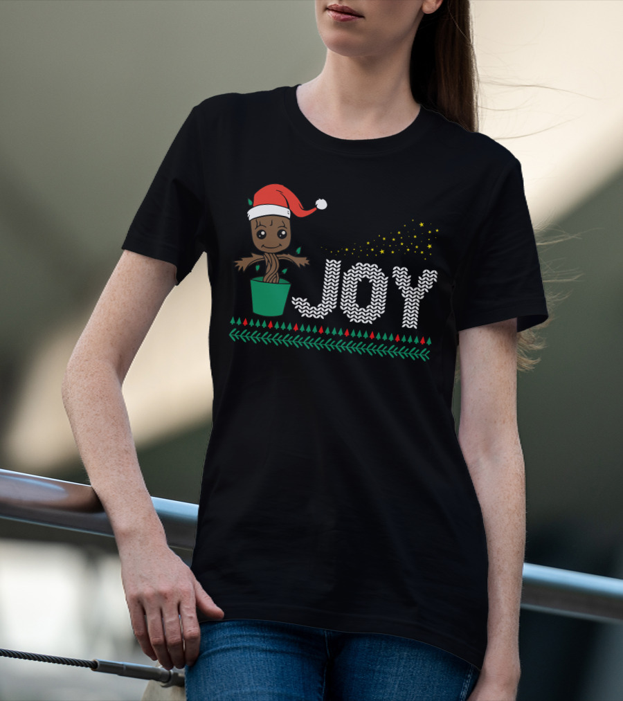 Joy Dancing Christmas Tree With Santa Hat And Stars T-Shirt