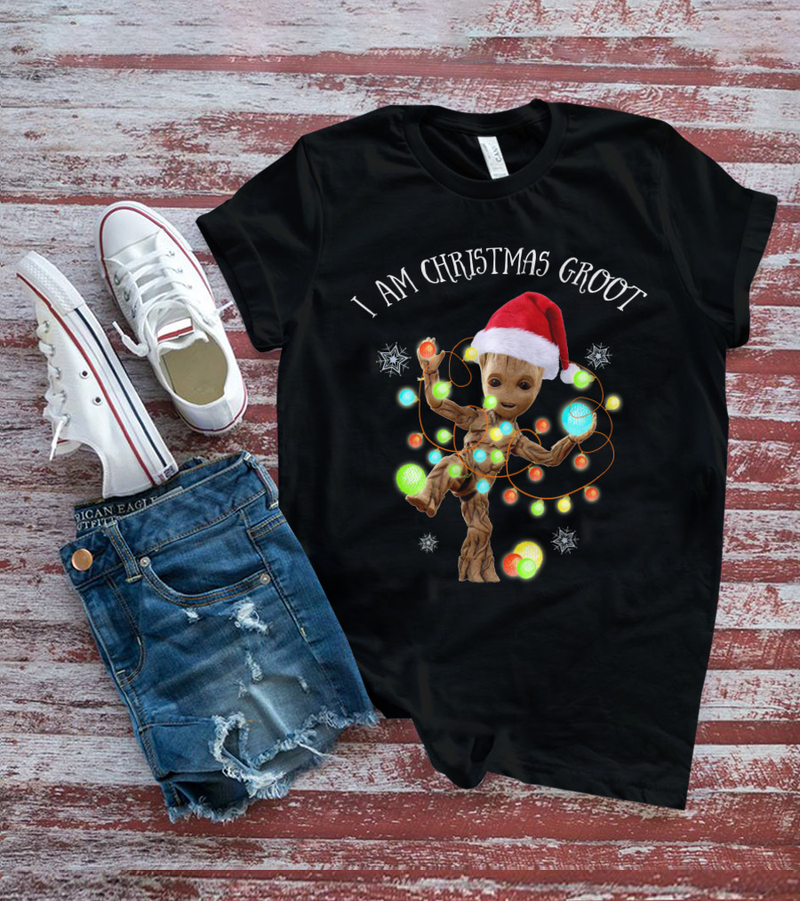 I Am Christmas Groot Holiday Edition With Santa Hat And Lights T-Shirt