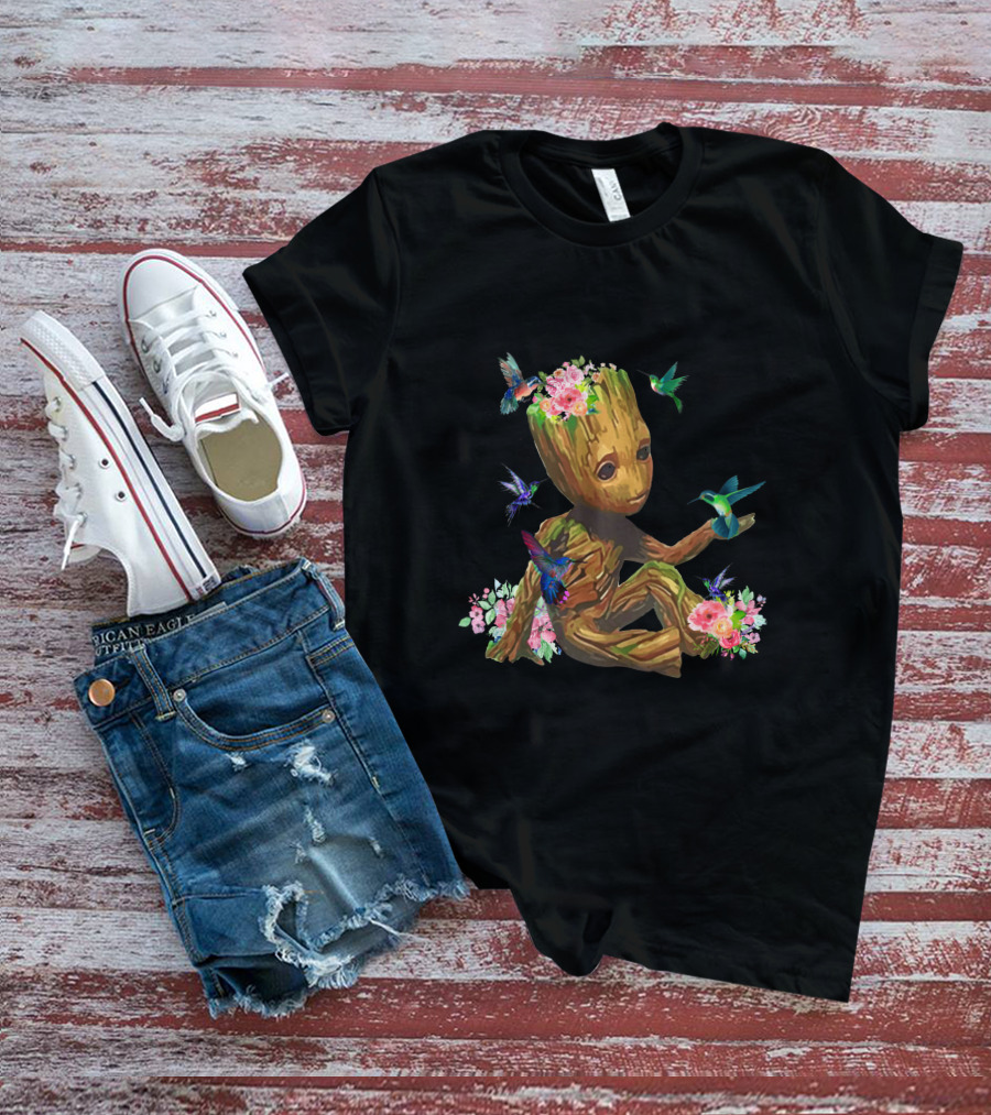 Baby Groot With Flowers And Hummingbirds T-Shirt