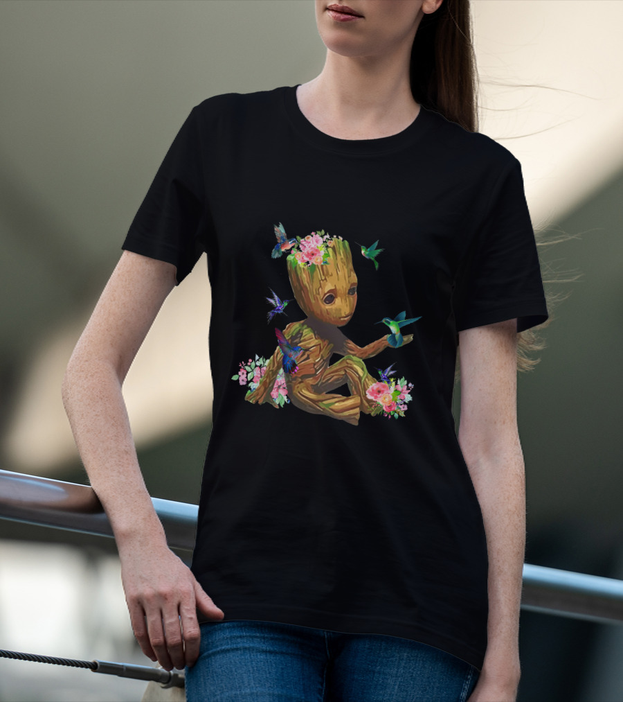 Baby Groot With Flowers And Hummingbirds T-Shirt