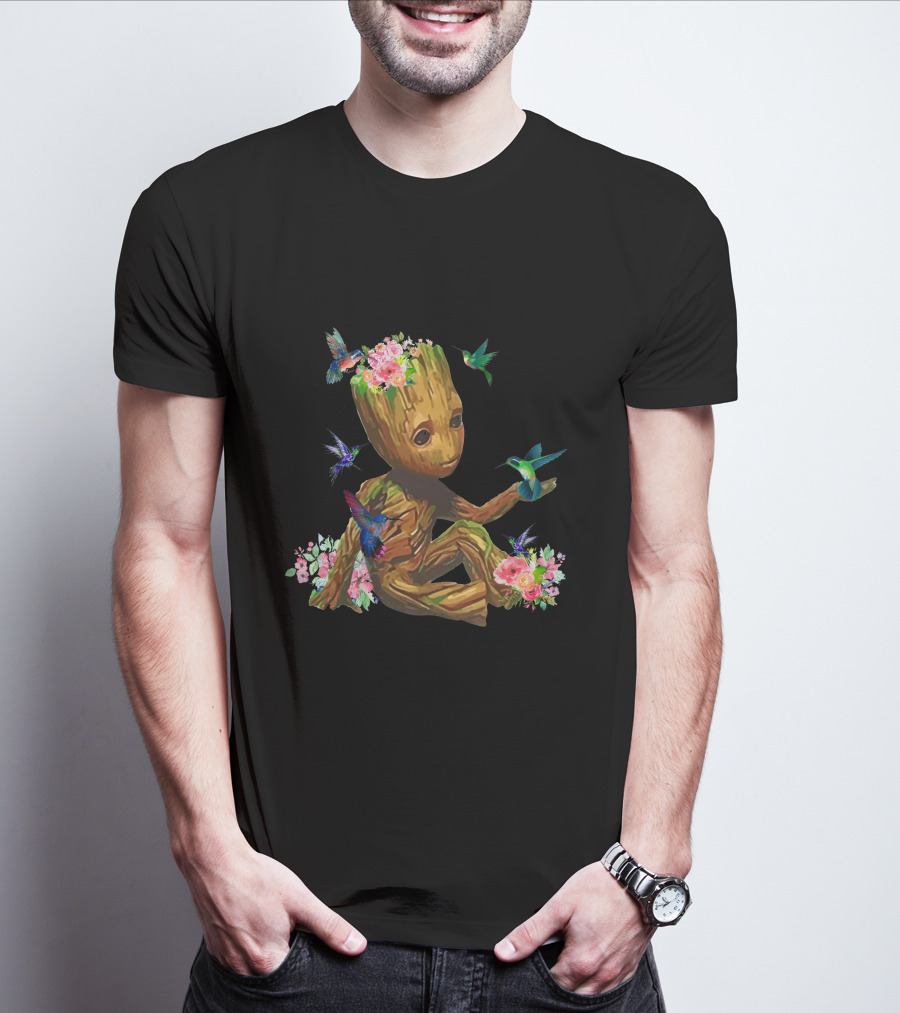 Baby Groot With Flowers And Hummingbirds T-Shirt