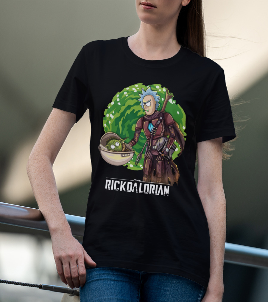 The Rickdalorian With Green Portal Background And Baby Alien Character T-Shirt