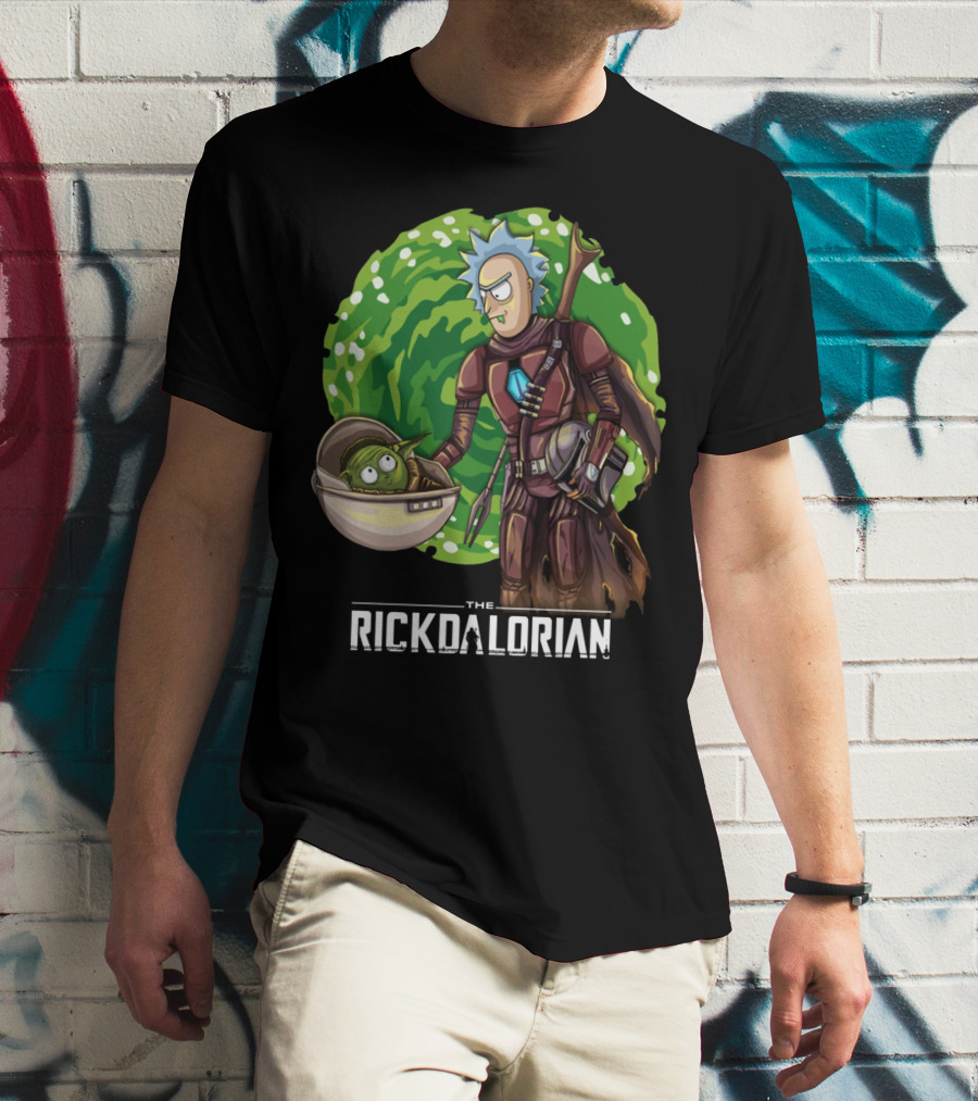 The Rickdalorian With Green Portal Background And Baby Alien Character T-Shirt