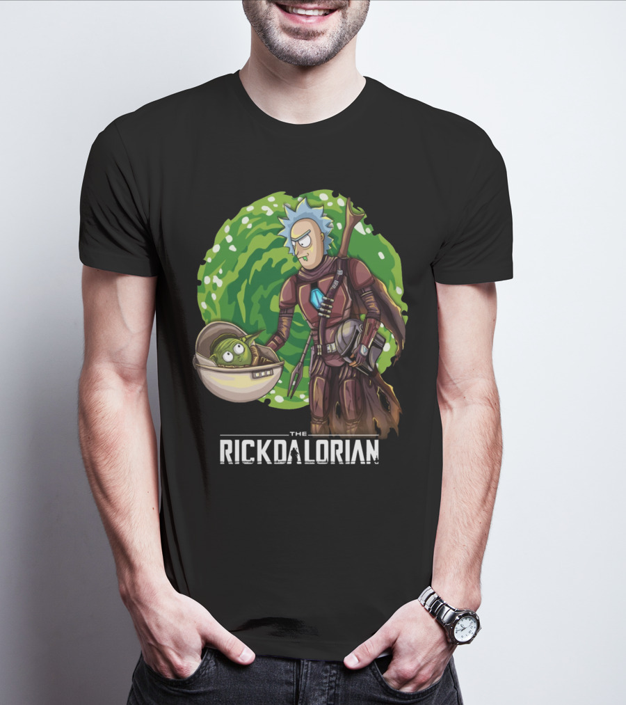 The Rickdalorian With Green Portal Background And Baby Alien Character T-Shirt
