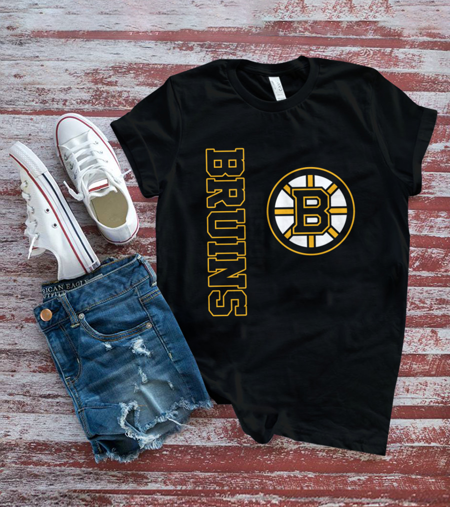 Boston Bruins Hockey Vertical Text With Iconic Circle Emblem T-Shirt