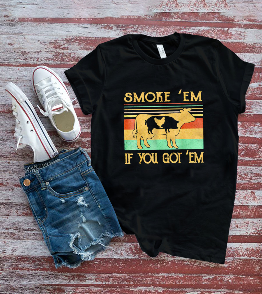 Smoke Em If You Got Em Vintage Cow Pig Chicken Retro Barbecue Stripes T-Shirt