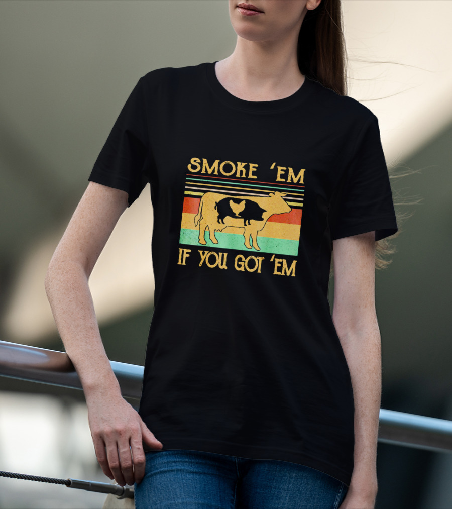 Smoke Em If You Got Em Vintage Cow Pig Chicken Retro Barbecue Stripes T-Shirt