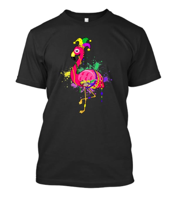 Mardi Gras Flamingo With Jester Hat And Beads On Colorful Splatter Background T-Shirt