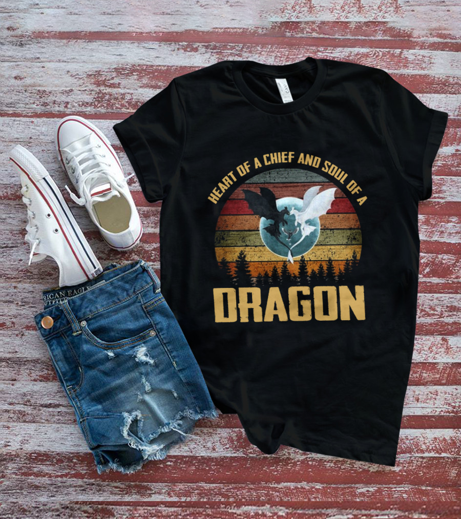 Heart Of A Chief And Soul Of A Dragon With Silhouette Of Two Dragons On Retro Stripes T-Shirt