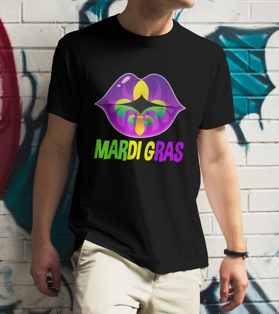 Mardi Gras Lip Fleur De Lis Purple Green Yellow T-Shirt