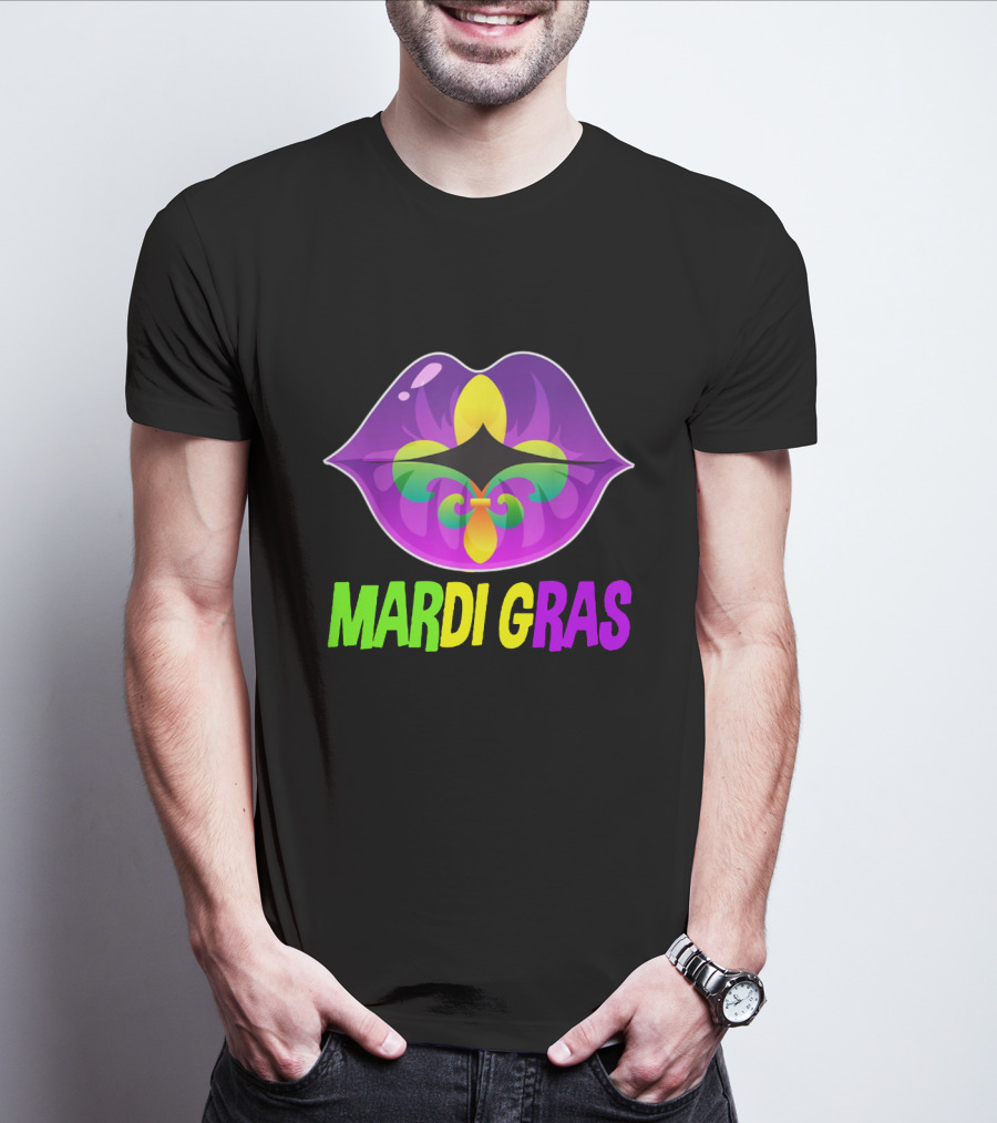 Mardi Gras Lip Fleur De Lis Purple Green Yellow T-Shirt