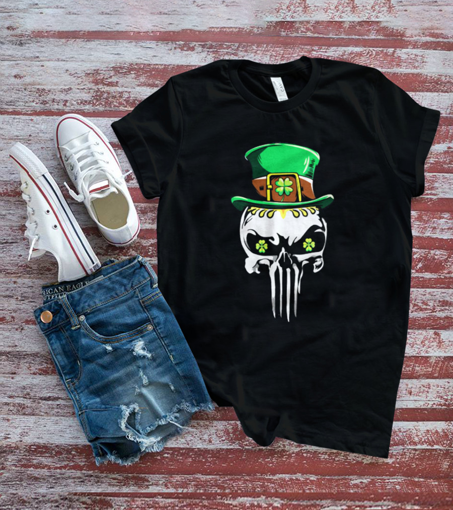 Punisher Skull With Green Leprechaun Hat And Shamrock Eyes T-Shirt