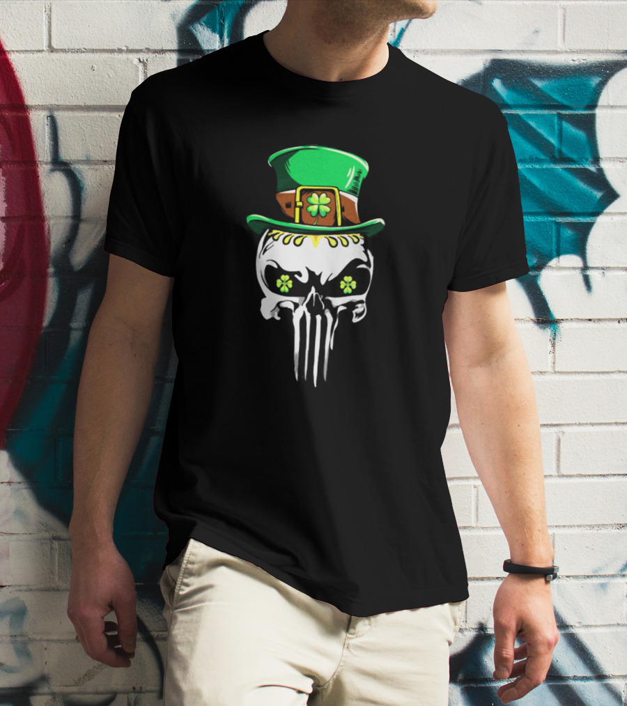Punisher Skull With Green Leprechaun Hat And Shamrock Eyes T-Shirt