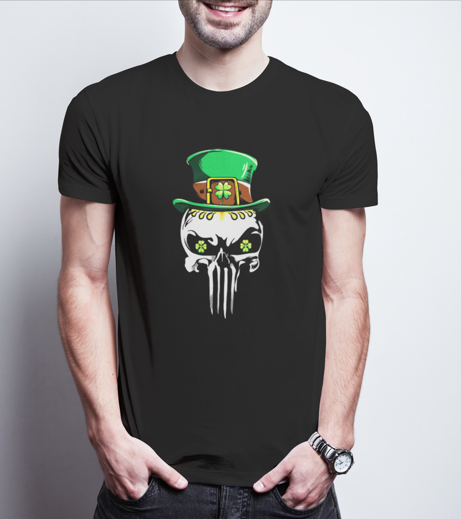 Punisher Skull With Green Leprechaun Hat And Shamrock Eyes T-Shirt