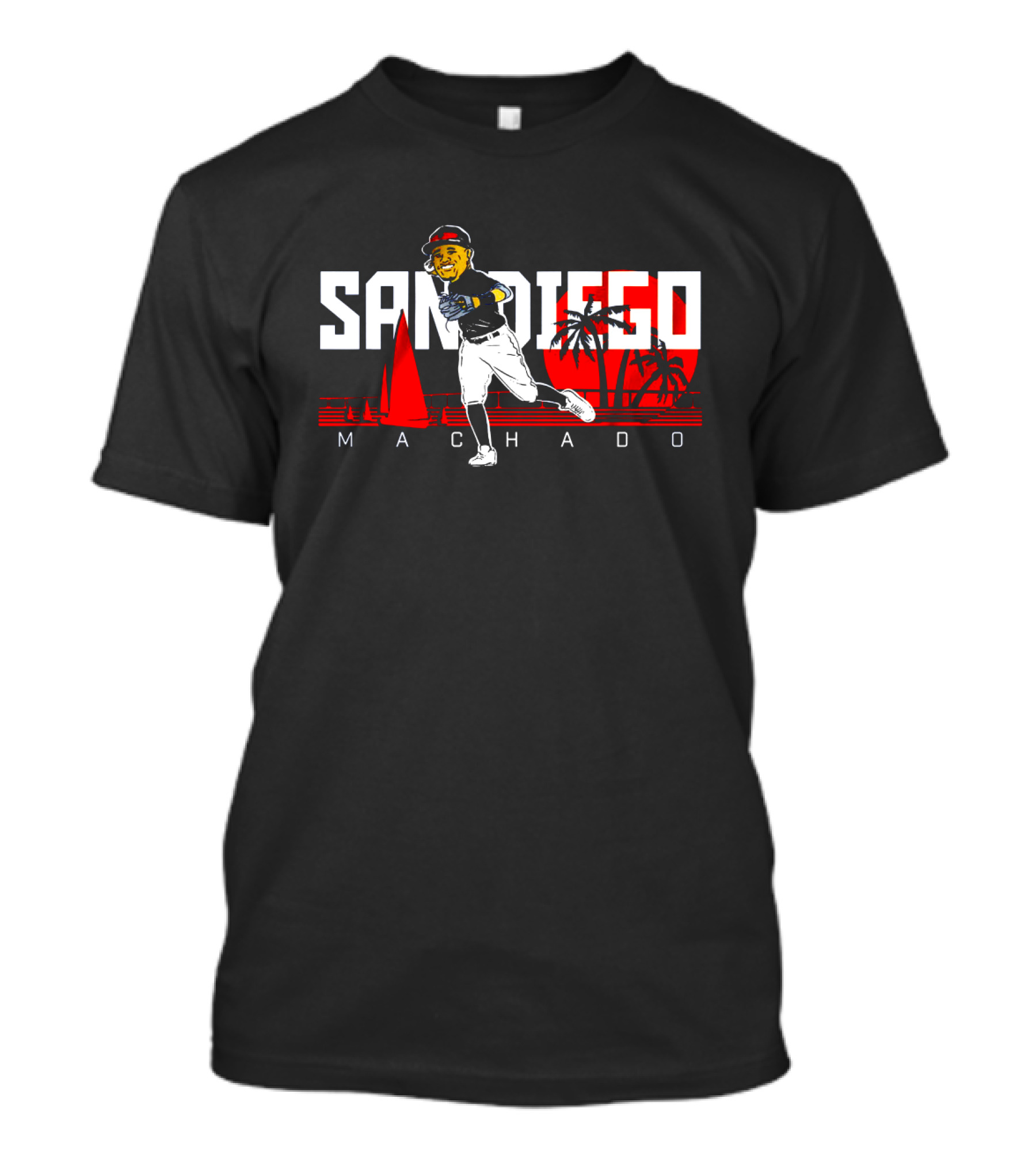 San Diego Machado Baseball Player With Sailboat And Palm Trees In Red Sunset Scene T-Shirt