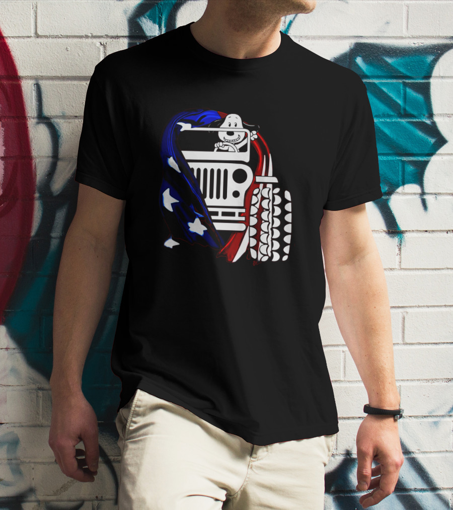 Snoopy Jeep Stars Stripes American Flag Background T-Shirt