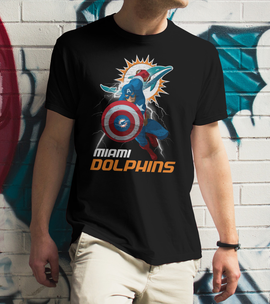 Captain America Miami Dolphins Nfl Lightning Action T-Shirt