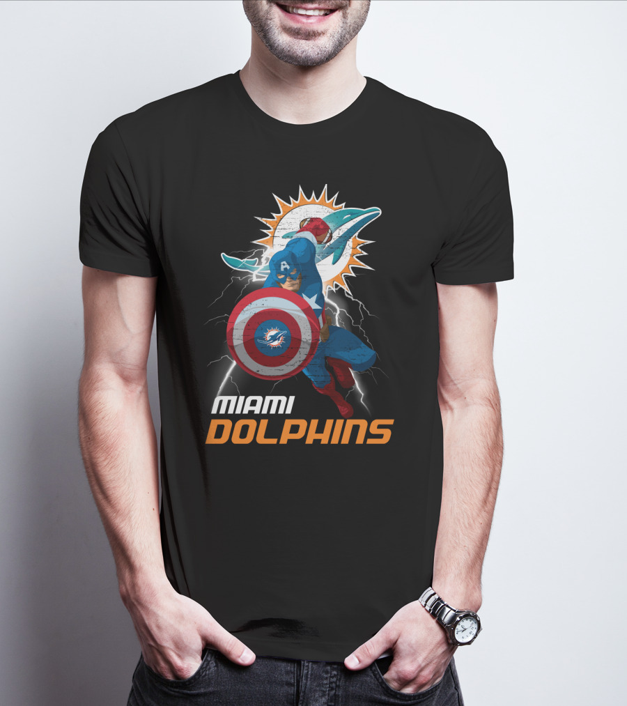 Captain America Miami Dolphins Nfl Lightning Action T-Shirt