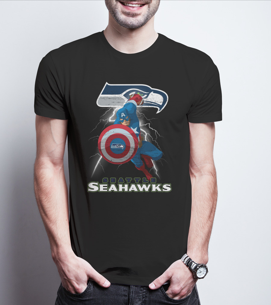 Captain America Seattle Seahawks Nfl Football Crossover Superhero Logo Lightning T-Shirt