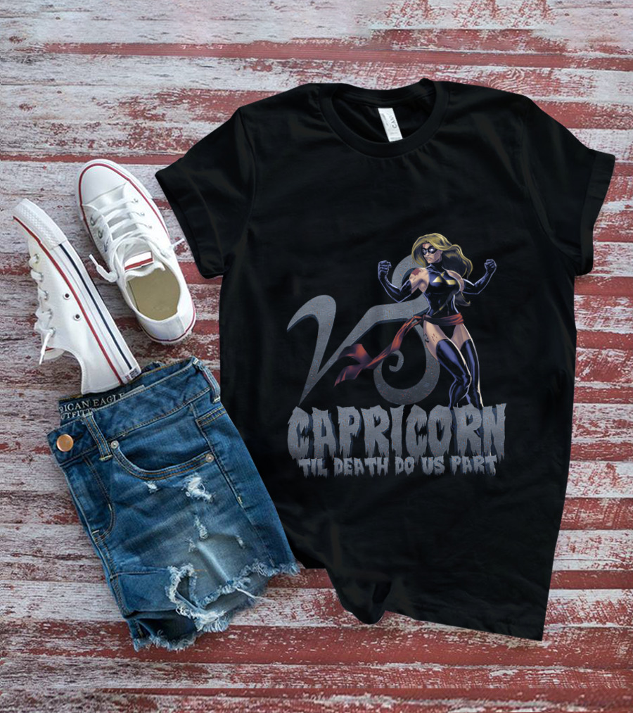 Capricorn Symbol With Captain Marvel Pose Til Death Do Us Part For Marvel Fans T-Shirt