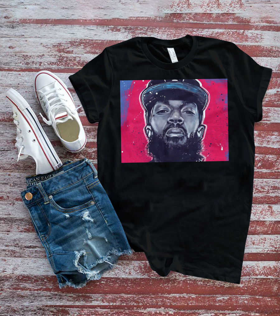 Nipsey Hussle Bold Street Style Portrait With Cap And Vibrant Red Blue T-Shirt