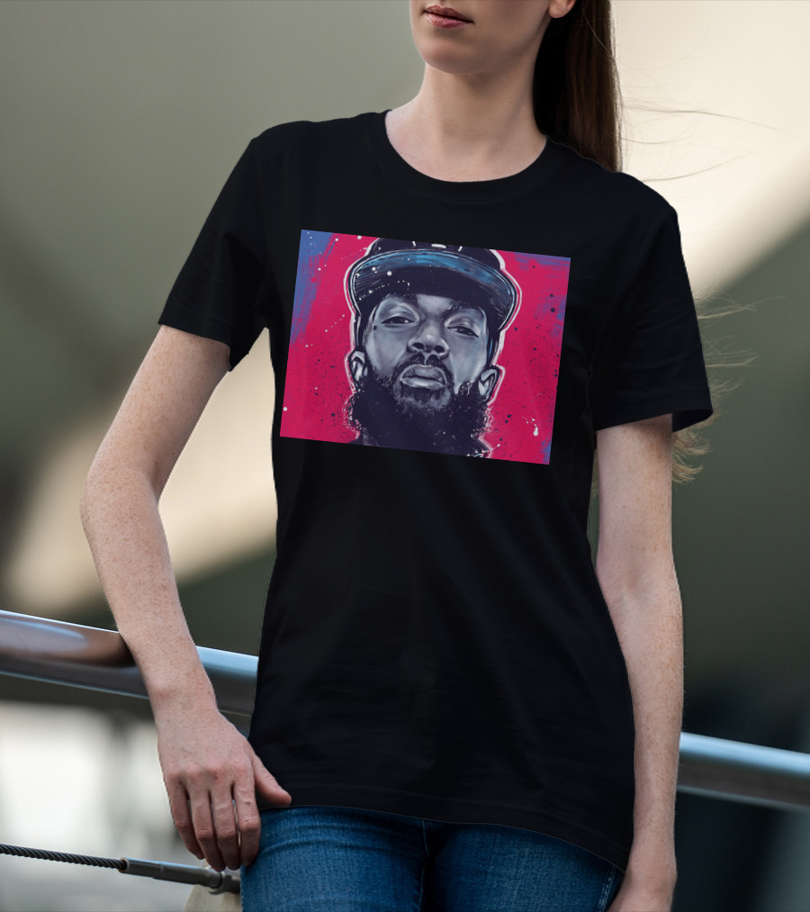 Nipsey Hussle Bold Street Style Portrait With Cap And Vibrant Red Blue T-Shirt