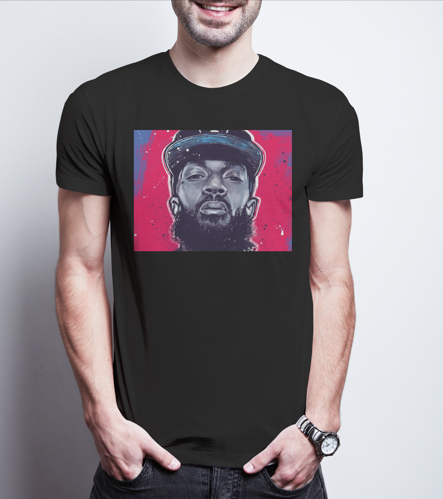 Nipsey Hussle Bold Street Style Portrait With Cap And Vibrant Red Blue T-Shirt