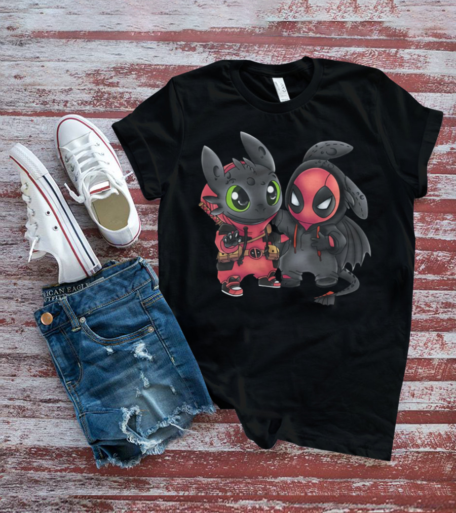 Baby Toothless And Deadpool Mashup Crossover Featuring Cute Duo With Iconic Red And Black Costume Elements T-Shirt