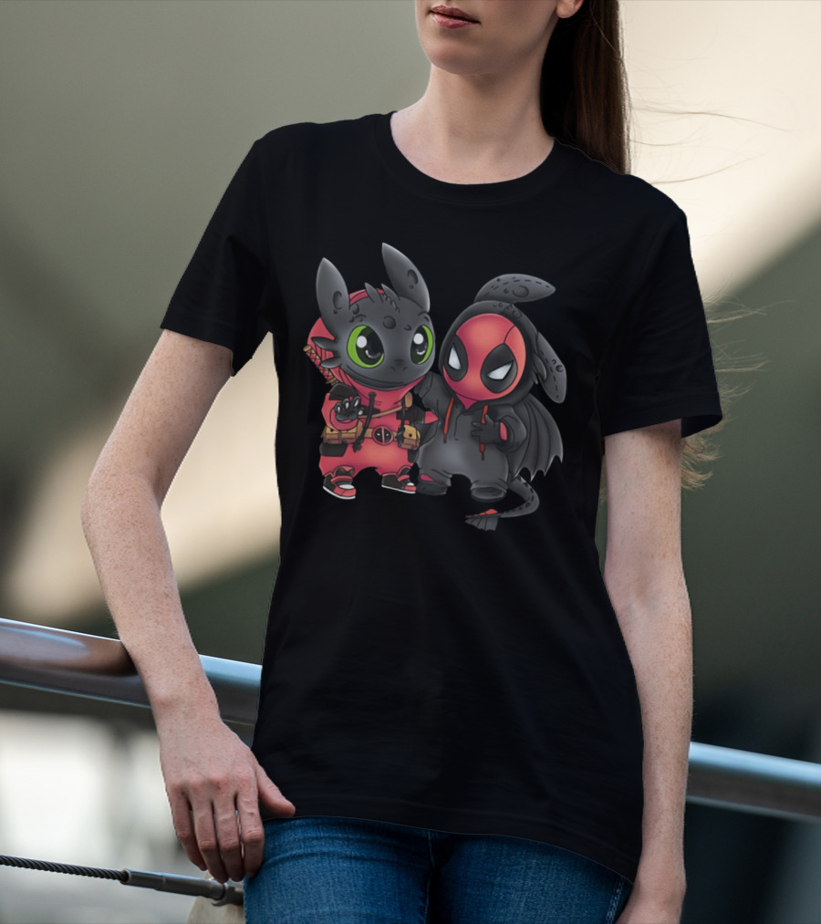 Baby Toothless And Deadpool Mashup Crossover Featuring Cute Duo With Iconic Red And Black Costume Elements T-Shirt