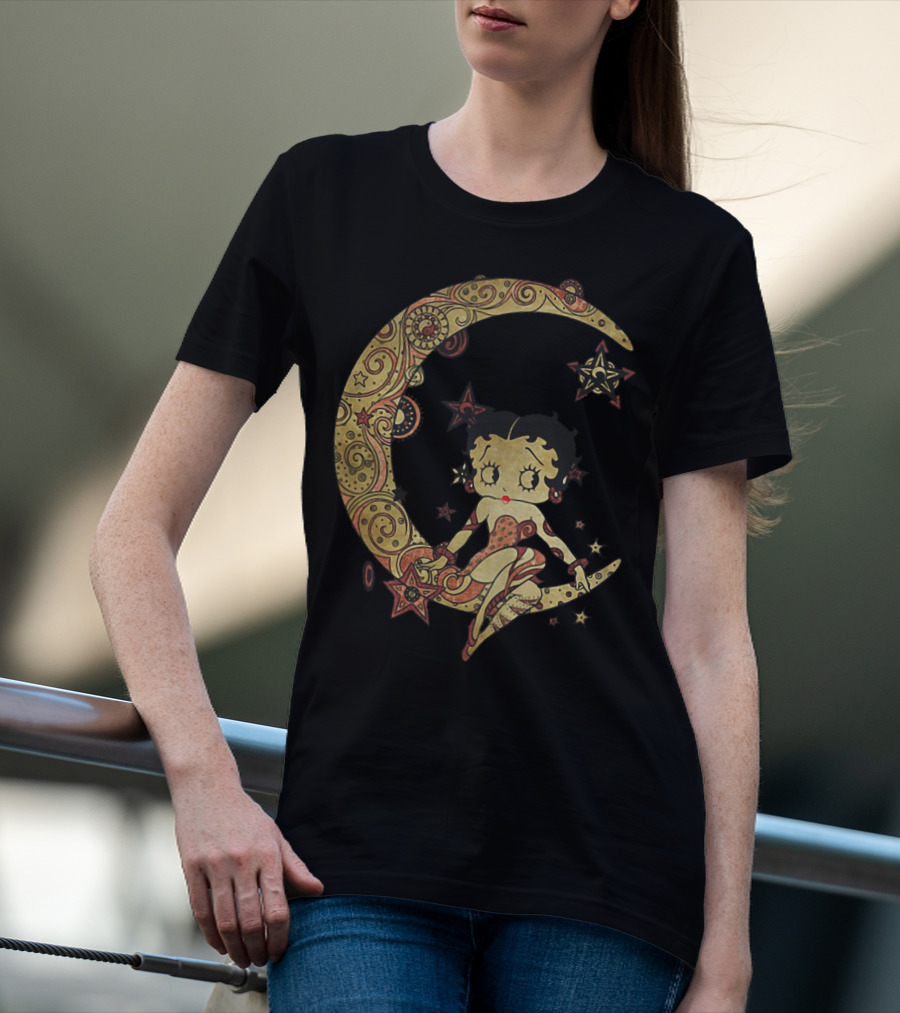 Betty Boop Sitting On Ornate Crescent Moon With Stars T-Shirt