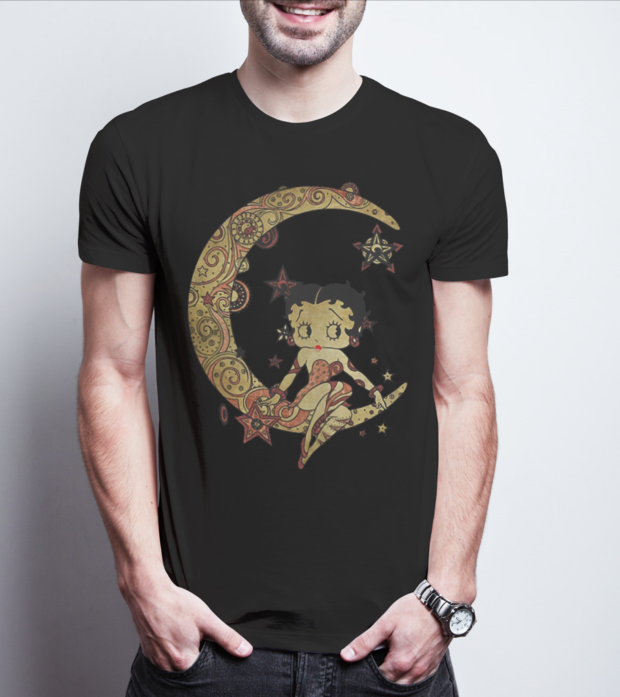 Betty Boop Sitting On Ornate Crescent Moon With Stars T-Shirt