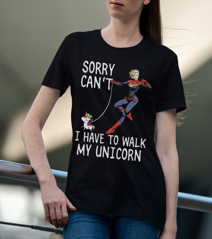 Captain Marvel Sorry Can't I Have To Walk My Unicorn T-Shirt