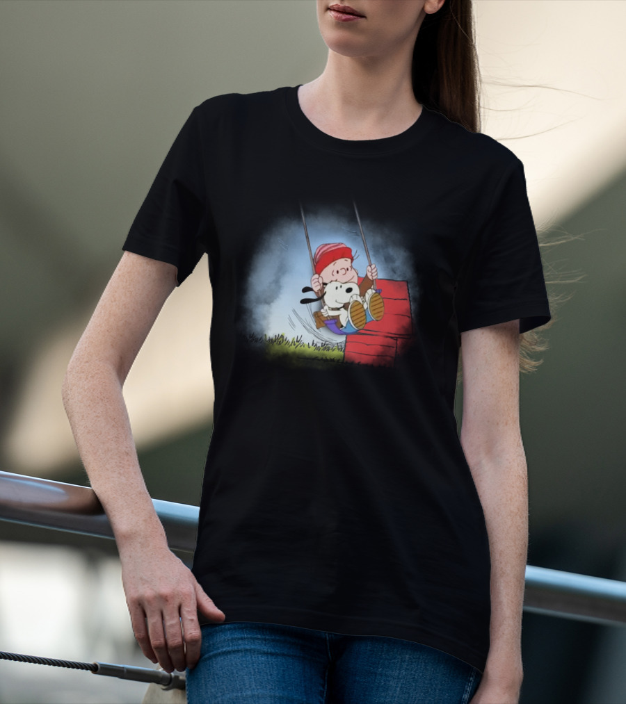Charlie Brown And Snoopy Swinging On Doghouse T-Shirt