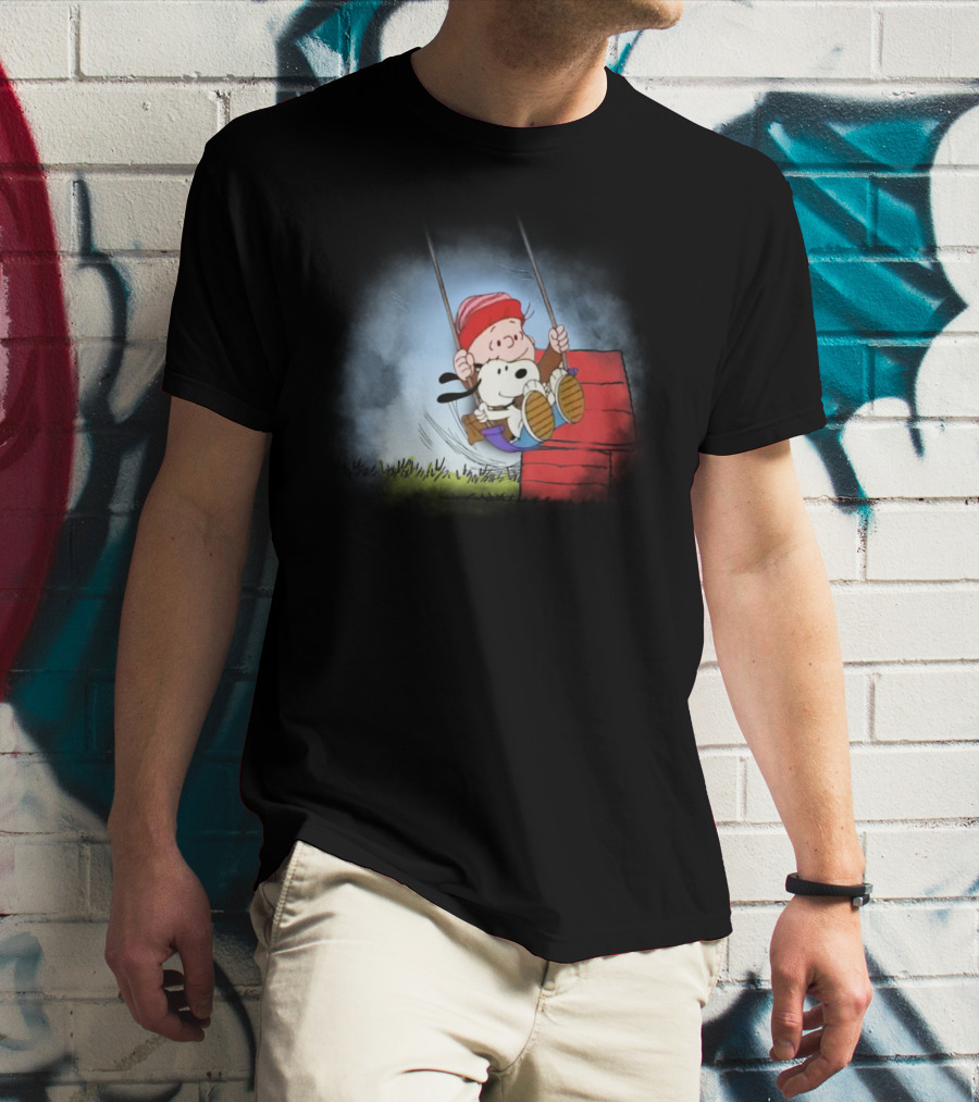Charlie Brown And Snoopy Swinging On Doghouse T-Shirt