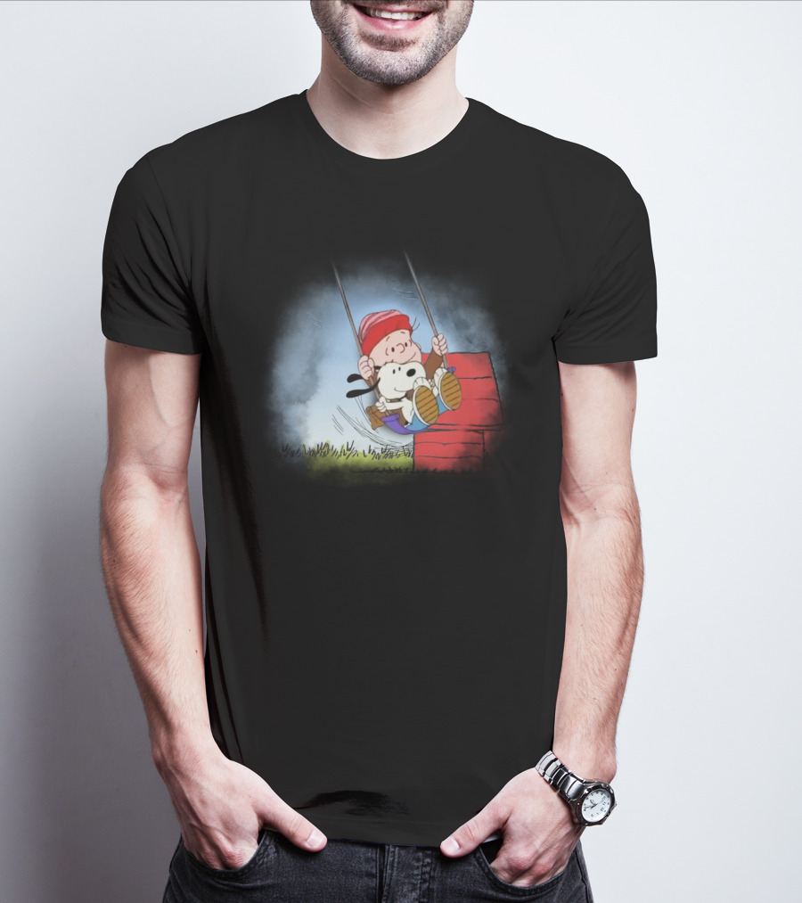 Charlie Brown And Snoopy Swinging On Doghouse T-Shirt
