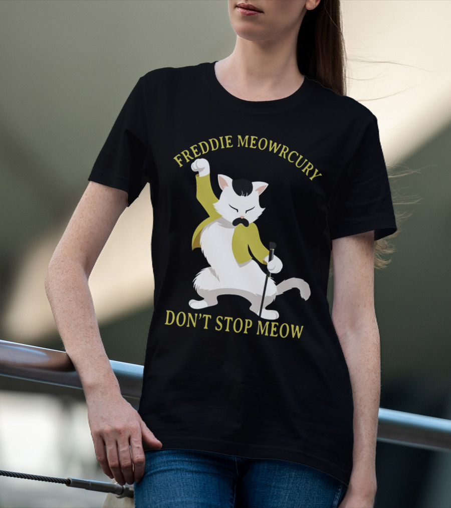 Freddie Meowrcury Don’t Stop Meow Funny Cat Parody With Iconic Pose And Yellow Jacket T-Shirt