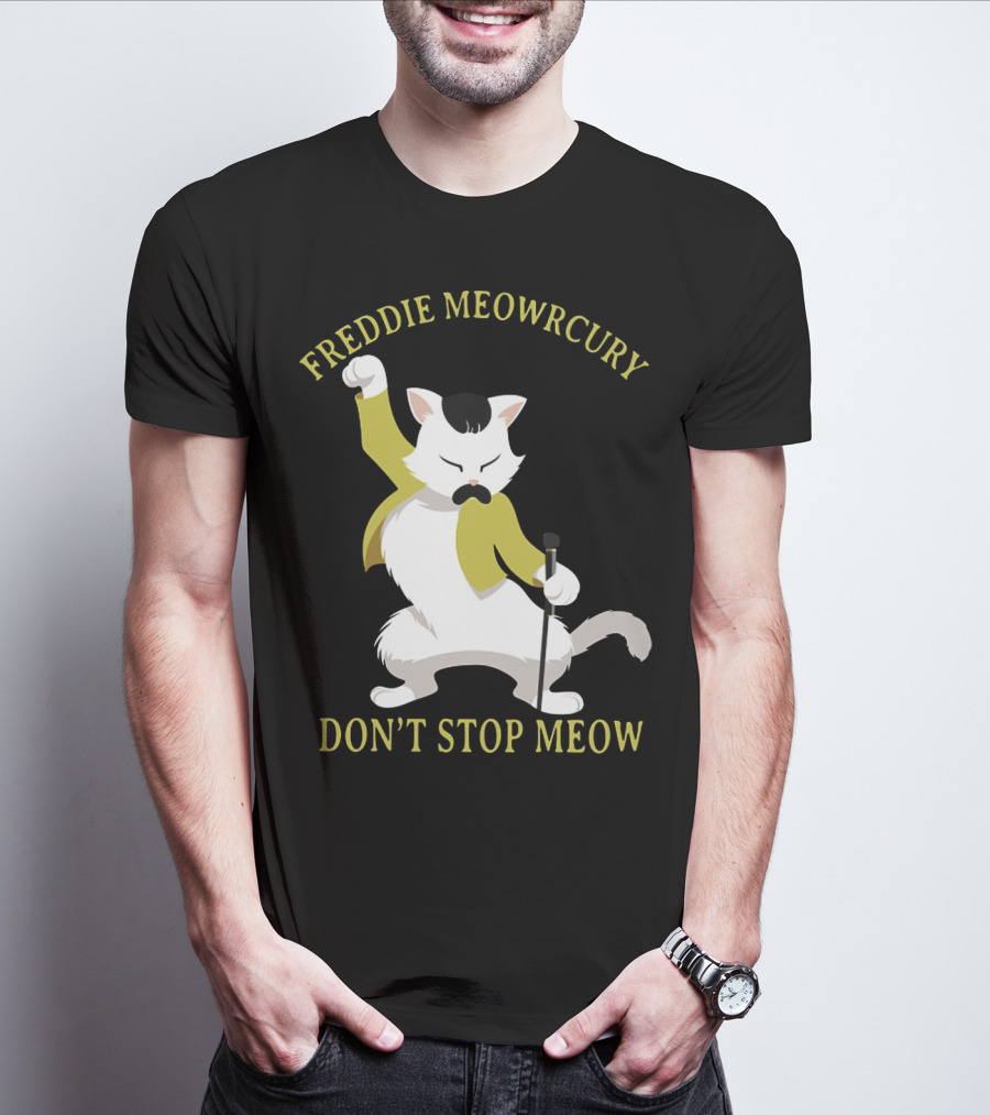Freddie Meowrcury Don’t Stop Meow Funny Cat Parody With Iconic Pose And Yellow Jacket T-Shirt