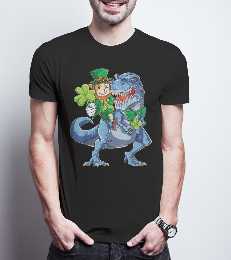 Leprechaun With Shamrock And Bowtie Riding T-Rex Dinosaur T-Shirt