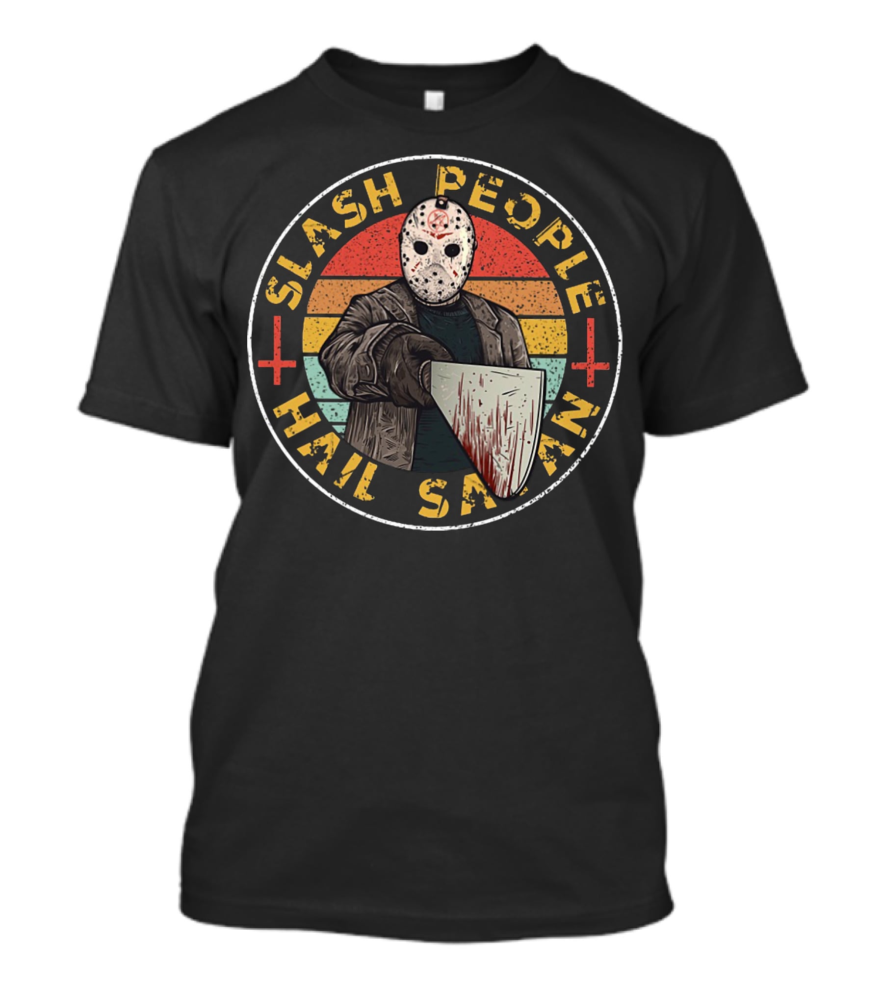Slash People Hail Satan Jason Voorhees Horror Vintage Retro Mask Bloody Cleaver T-Shirt